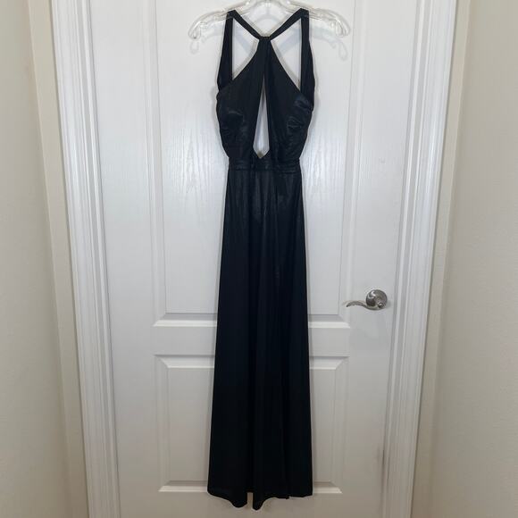 Superdown Revolve Cutout Maxi Dress Shimmer Black Gown Formal Halter High Slit S - Picture 3 of 8